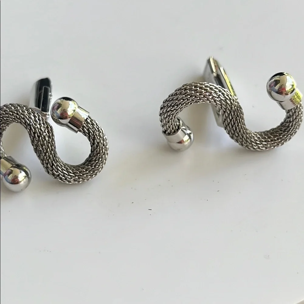 SWANK S shaped silver mesh cuff links